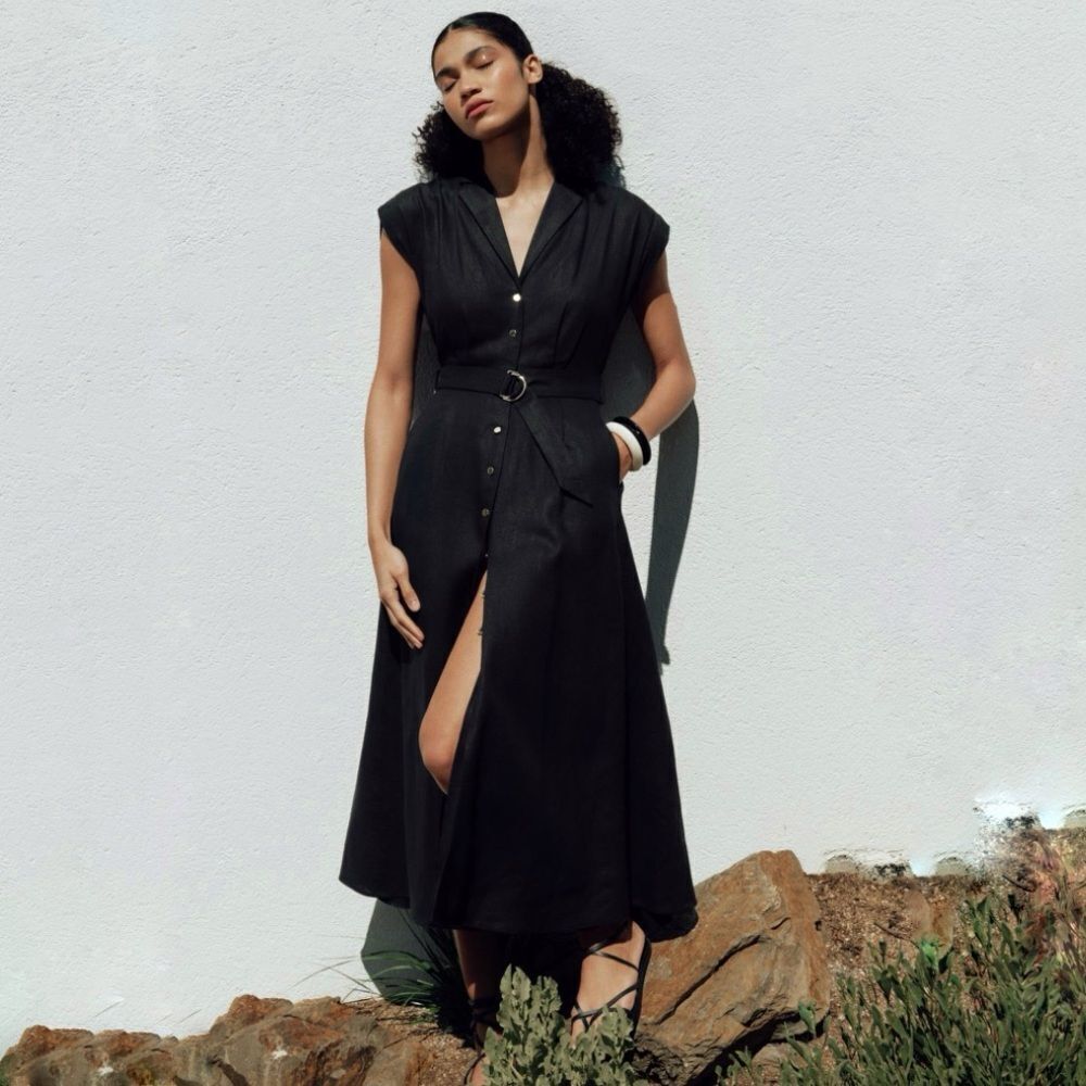 Zara Linen Blend Collard Belted Black Shirt Dress